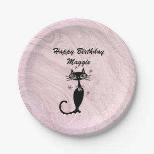 Pink Retro Atomic Cat Personalized Paper Plate