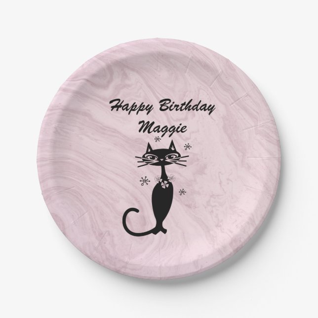 Pink Retro Atomic Cat Personalized Paper Plate (Front)