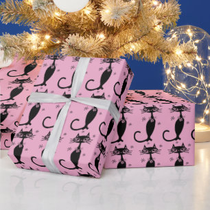 PINK RETRO BLACK CAT BIRTHDAY WRAPPING PAPER