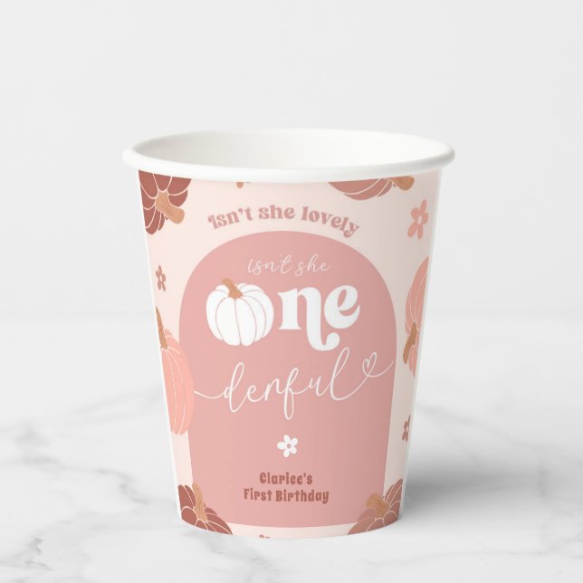 Pink Retro Boho Pumpkin 1st Birthday Paper Cup (Front)