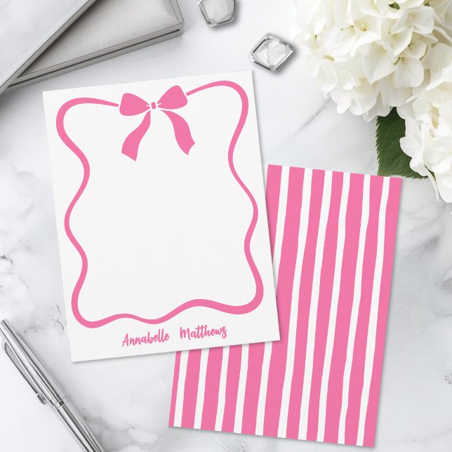 Pink Retro Bow Wavy Border Personalized Card (Pink Retro Bow Wavy Border Personalized Note Card)