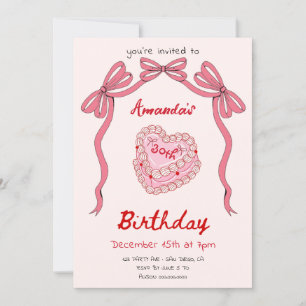 Pink Retro Cake and Bow Coquette Birthday Invitation
