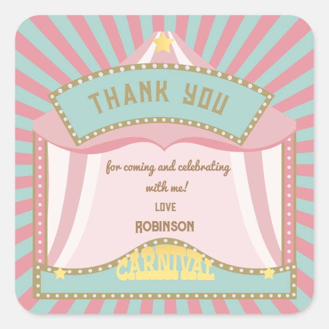 Pink Retro Carnival birthday invitations Square Sticker (Front)