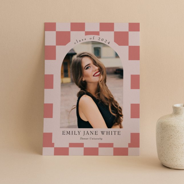 Pink Retro Checkered Arch Classic Photo Graduation Invitation (Creator Uploaded)