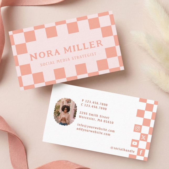 Pink Retro Checkered Pattern Content Creator Photo Business Card (Pink Retro Checkered Pattern Content Creator Photo Business Card)