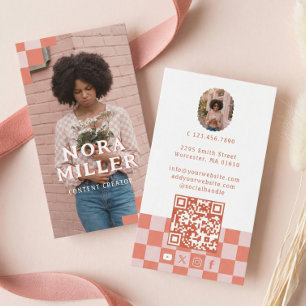 Pink Retro Checkered Pattern Content Creator Photo Business Card