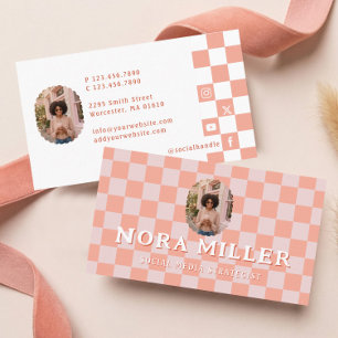 Pink Retro Chequered Pattern Content Creator Photo Business Card