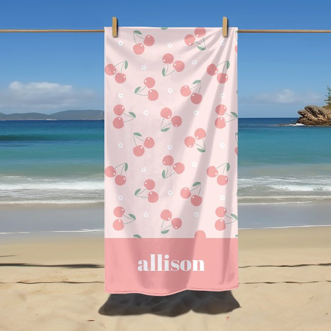 Pink Retro Cherries Custom Name Monogram Beach Towel (Creator Uploaded)