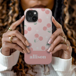 Pink Retro Cherries Custom Name Monogram iPhone 15 Case