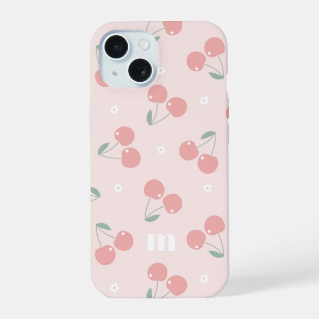 Pink Retro Cherries Custom Name Monogram iPhone 15 Case (Back)