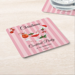 Pink Retro Christmas Cocktail Party Square Paper Coaster