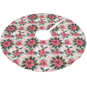 Pink Retro Christmas Floral Plaid Merry Christmas Brushed Polyester Tree Skirt