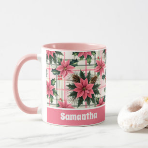 Pink Retro Christmas Floral Plaid Merry Christmas Mug