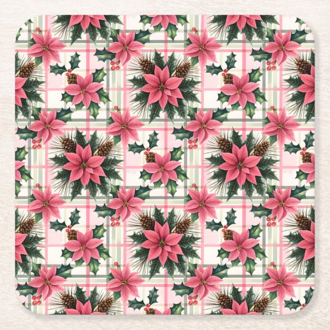 Pink Retro Christmas Floral Plaid Merry Christmas Square Paper Coaster (Front)