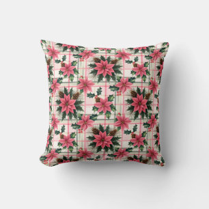 Pink Retro Christmas Floral Plaid Merry Christmas Throw Pillow