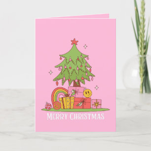 Pink Retro Christmas Tree  Holiday Card