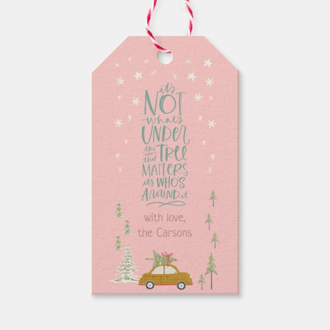 Pink Retro Christmas Woodland Personalize Gift Tag (Front)