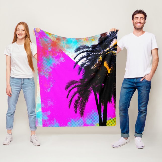 Pink Retro Colourful Summertime Beach Palm Trees Fleece Blanket (In Situ)
