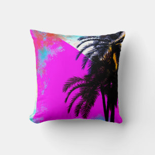 Pink Retro Colourful Summertime Beach Palm Trees Throw Pillow