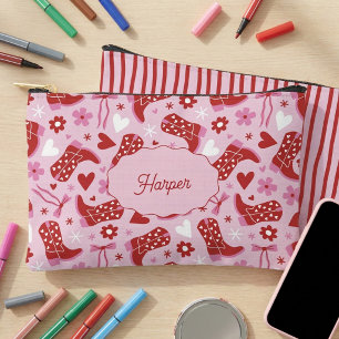 Pink Retro Cowgirl Boots & Bows Personalized Accessory Pouch
