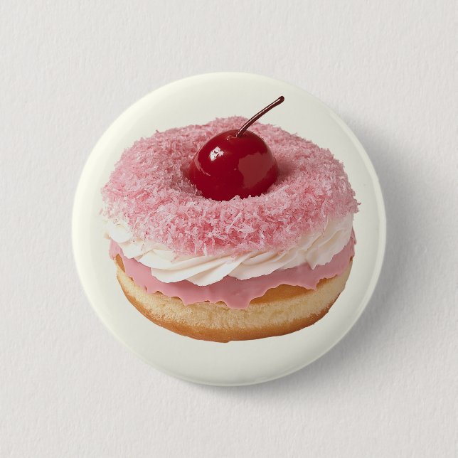 Pink Retro Cute Vintage Cherry Doughnut Button (Front)