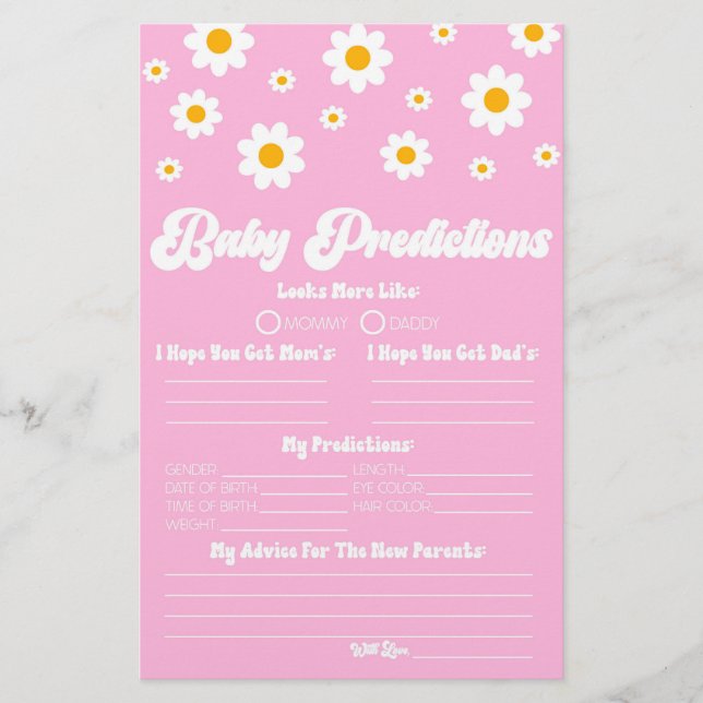 Pink Retro Daisy Baby Shower Predictions Activity Stationery (Front)