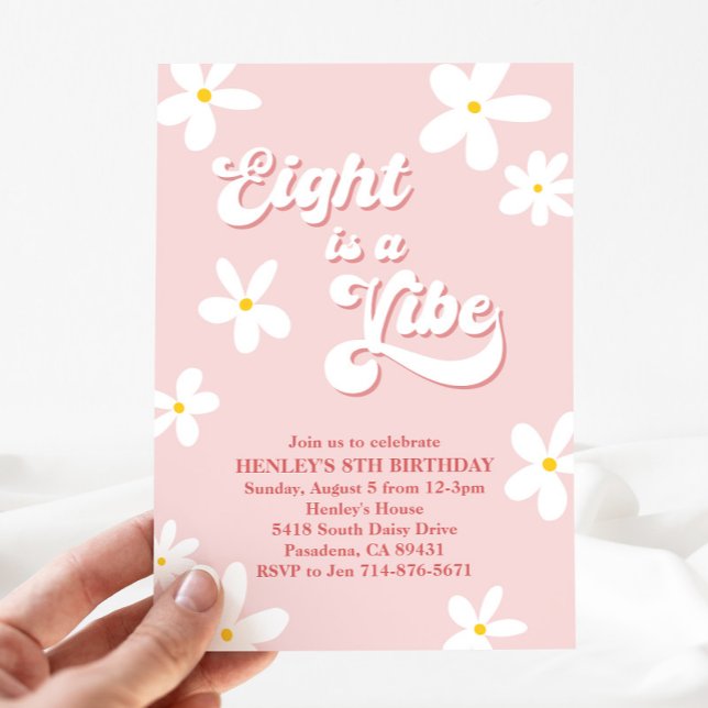 Pink Retro Daisy Eight Is A Vibe Birthday  Invitation (Creator Uploaded)