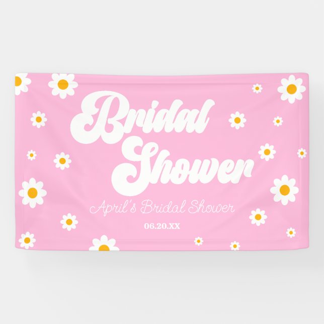 Pink Retro Daisy Flower Floral Bridal Shower Banner (Horizontal)