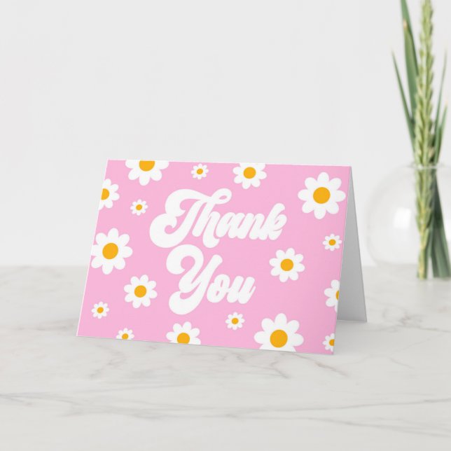 Pink Retro Daisy Flower Party Thank You Card (Front)