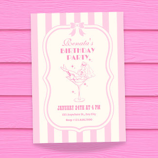 Pink retro feminine coquette bow birthday invitation