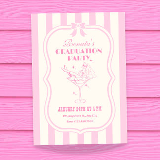 Pink retro feminine coquette bow graduation invitation