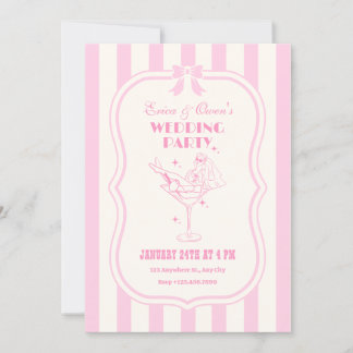 Pink retro feminine coquette bow wedding party invitation