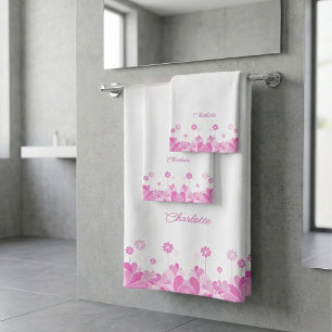 Pink Retro Floral Bloom Bath Towel Set