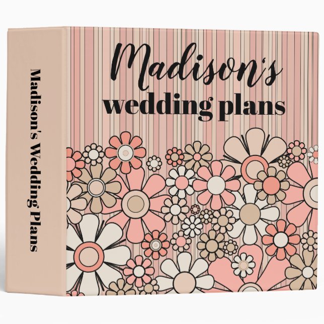 Pink Retro Floral Personalized Wedding Planner  Binder (Front/Spine)