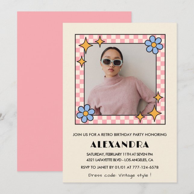 Pink Retro Floral Photo 34th birthday invitation  (Front/Back)