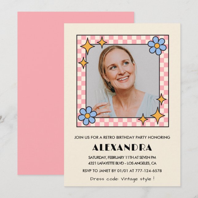 Pink Retro Floral Photo 48th birthday invitation  (Front/Back)