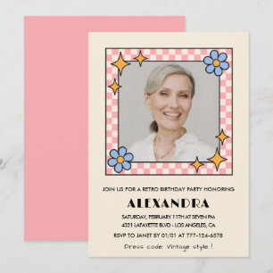 Pink Retro Floral Photo 81st birthday invitation 