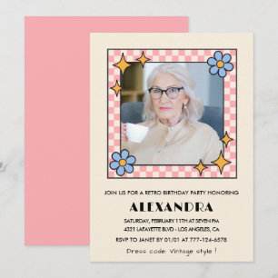 Pink Retro Floral Photo 99th birthday invitation 
