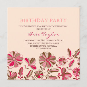 Pink Retro Flower Design Birthday Invitation