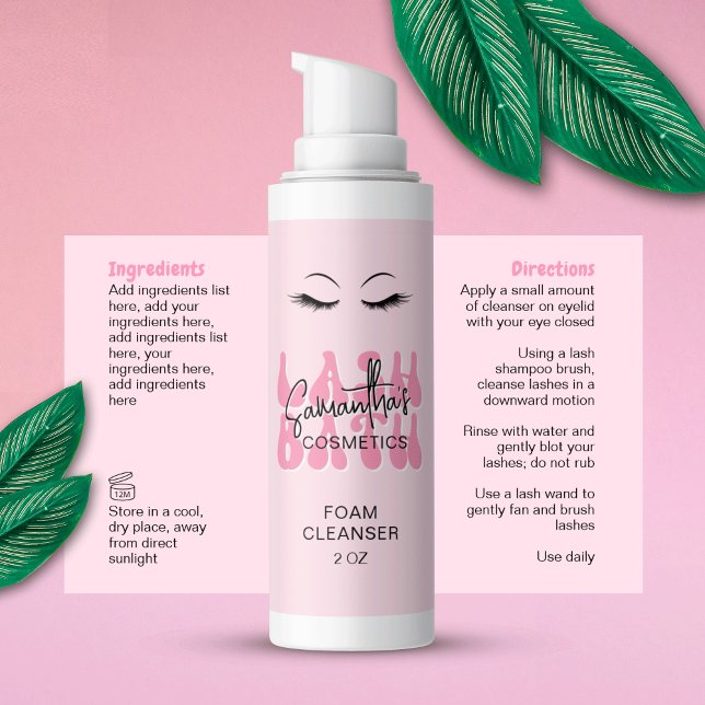 Pink Retro Font Lash Extensions Cleanser Wrapper Sticker (Retro font pink aesthetic lash bath cleanser bottle labels with ingredients & directions)