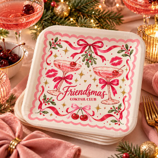 Pink Retro Friendsmas Custom Cocktail Party Paper Plate
