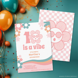 Pink Retro Girl 10th Birthday Party Invitation