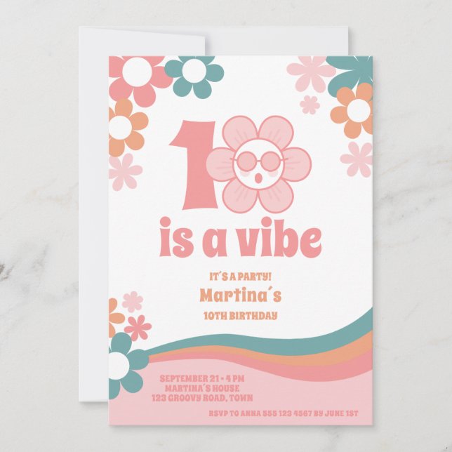 Pink Retro Girl 10th Birthday Party Invitation (Front)