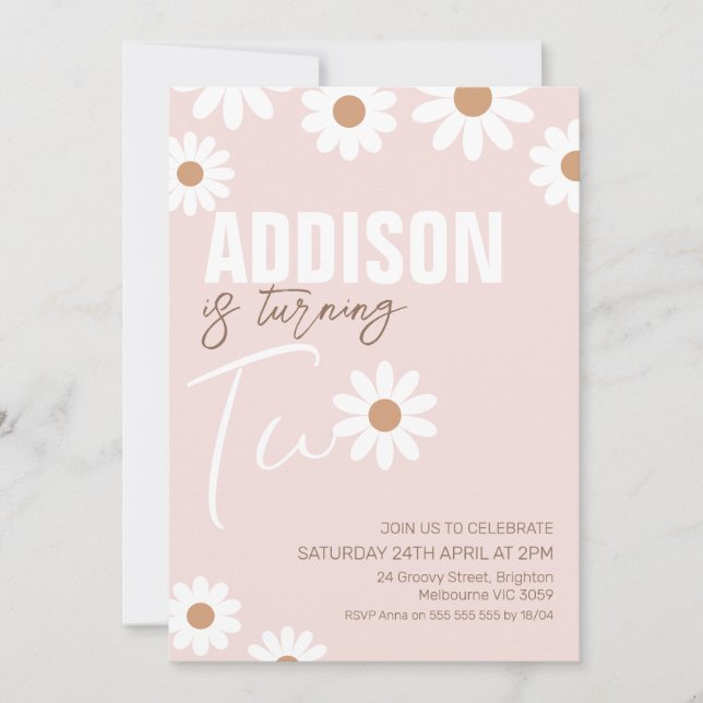 Pink Retro Girls Daisy 2nd Birthday Invitation (Front)
