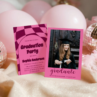 Pink Retro Groovy Arch with Photo Graduation Party Invitation