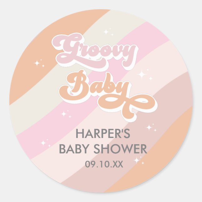 Pink Retro Groovy Baby Shower Favours Classic Round Sticker (Front)