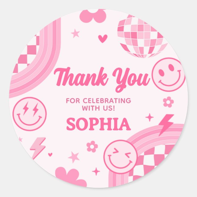 Pink Retro Groovy Birthday Party Classic Round Sticker (Front)