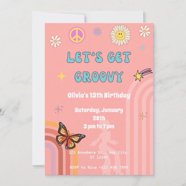 Pink Retro Groovy Birthday Party Invitation (Front)