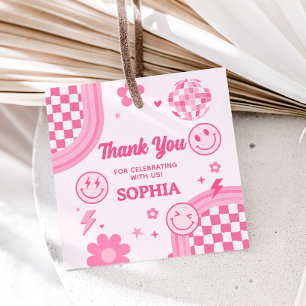 Pink Retro Groovy Birthday Party Square Favour Tags