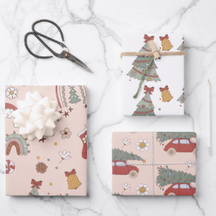 Pink Retro Groovy Car Christmas Tree  Wrapping Paper Sheet